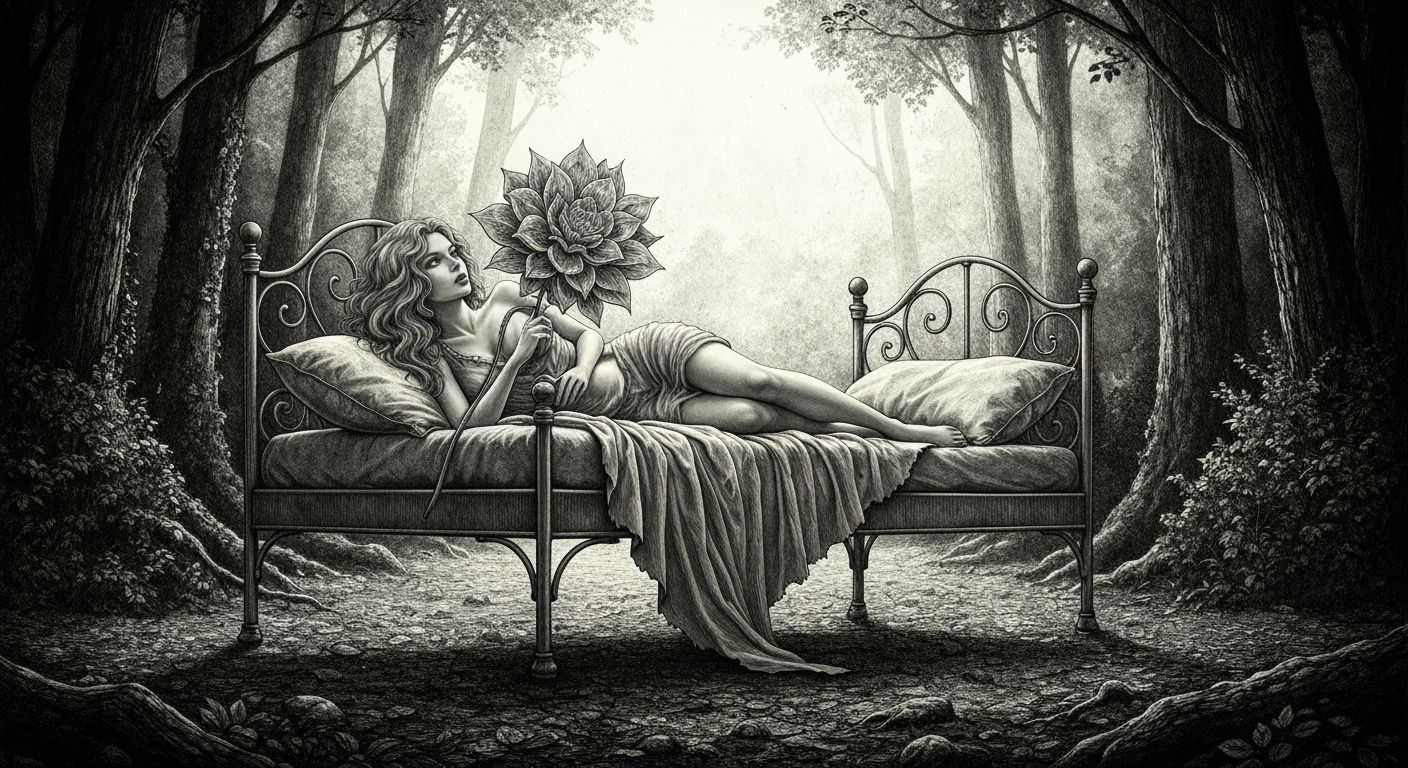 Siren on Floating Bed in Etching Style