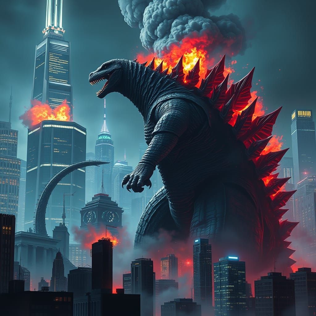 Godzilla Destroys Cityscape in Futuristic Style