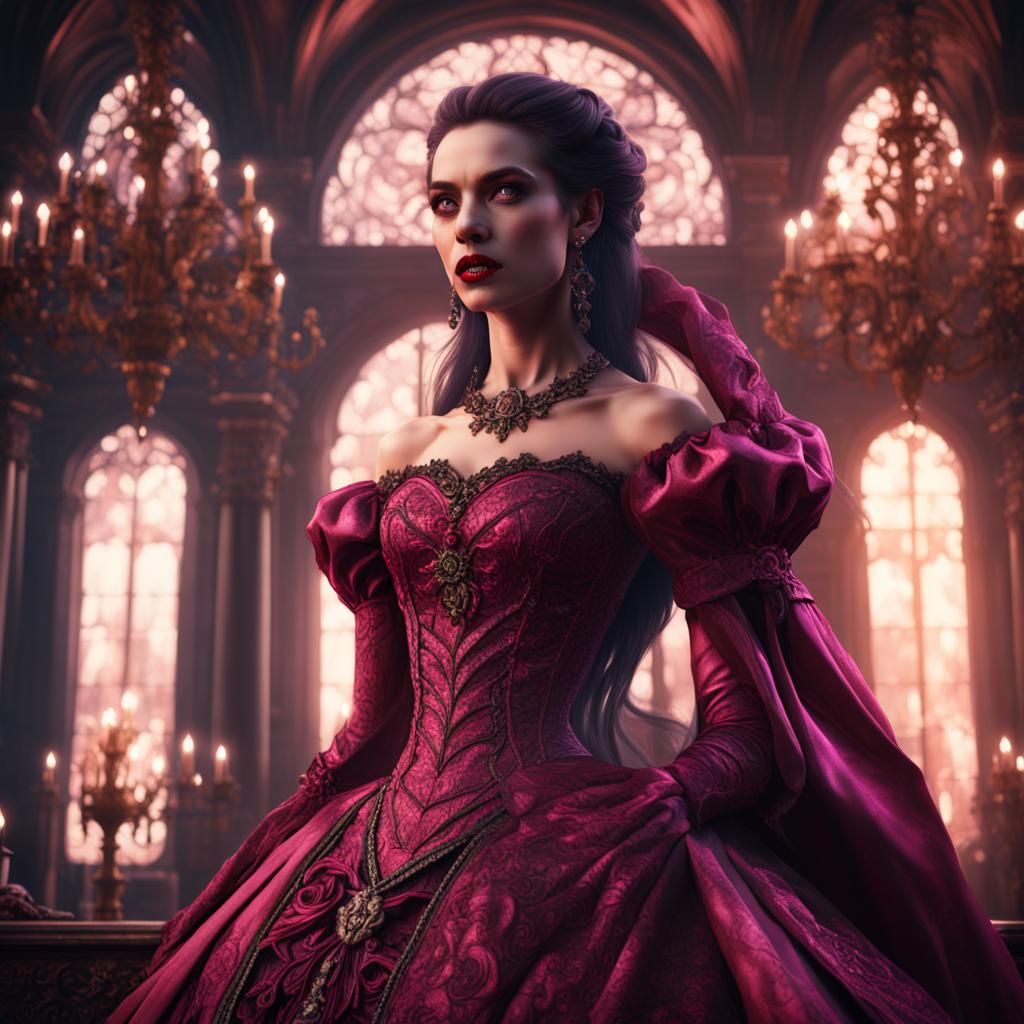 Vampire Woman in Baroque Dress, Detailed Digital Painting