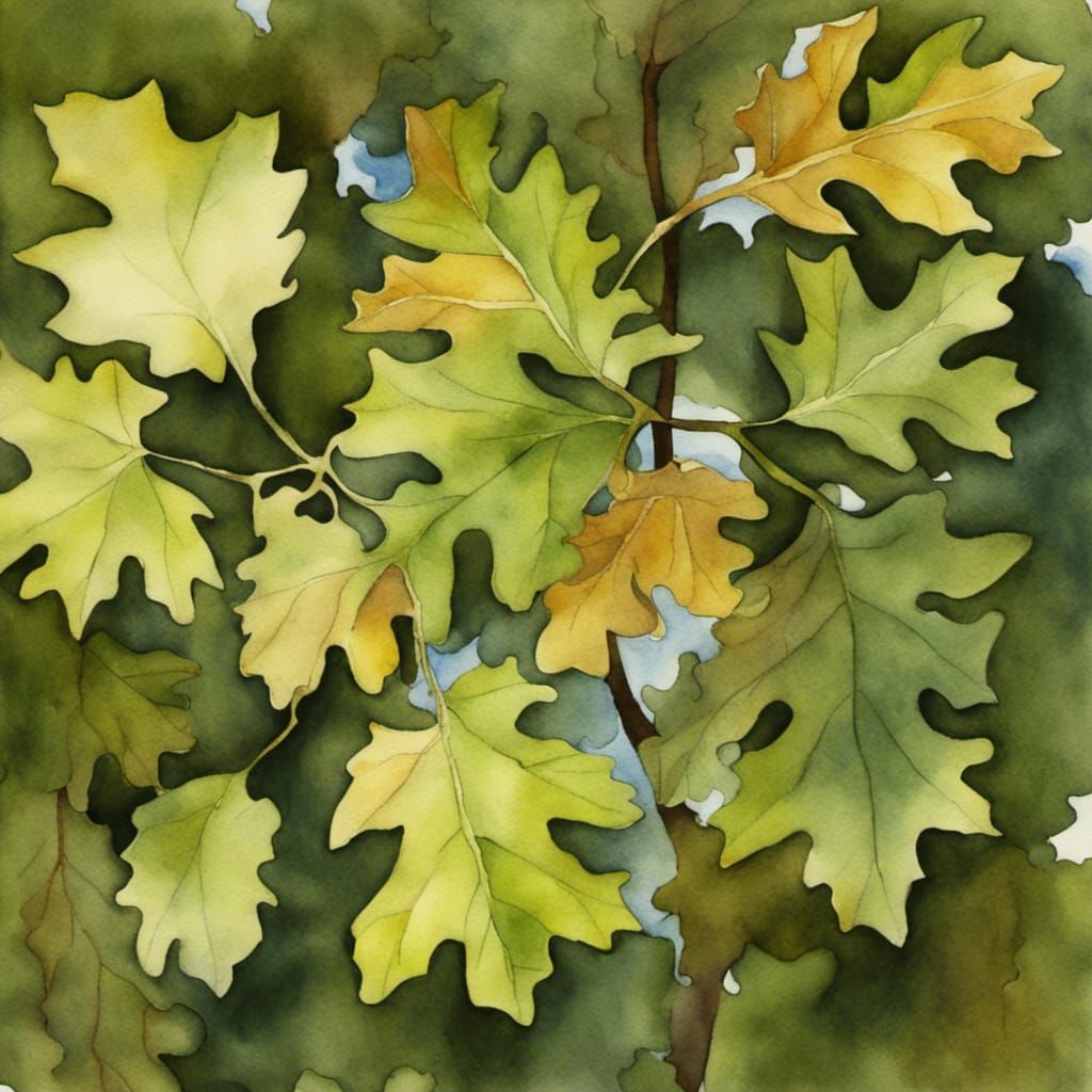 Watercolor Painting of Colorful Oak Leaves