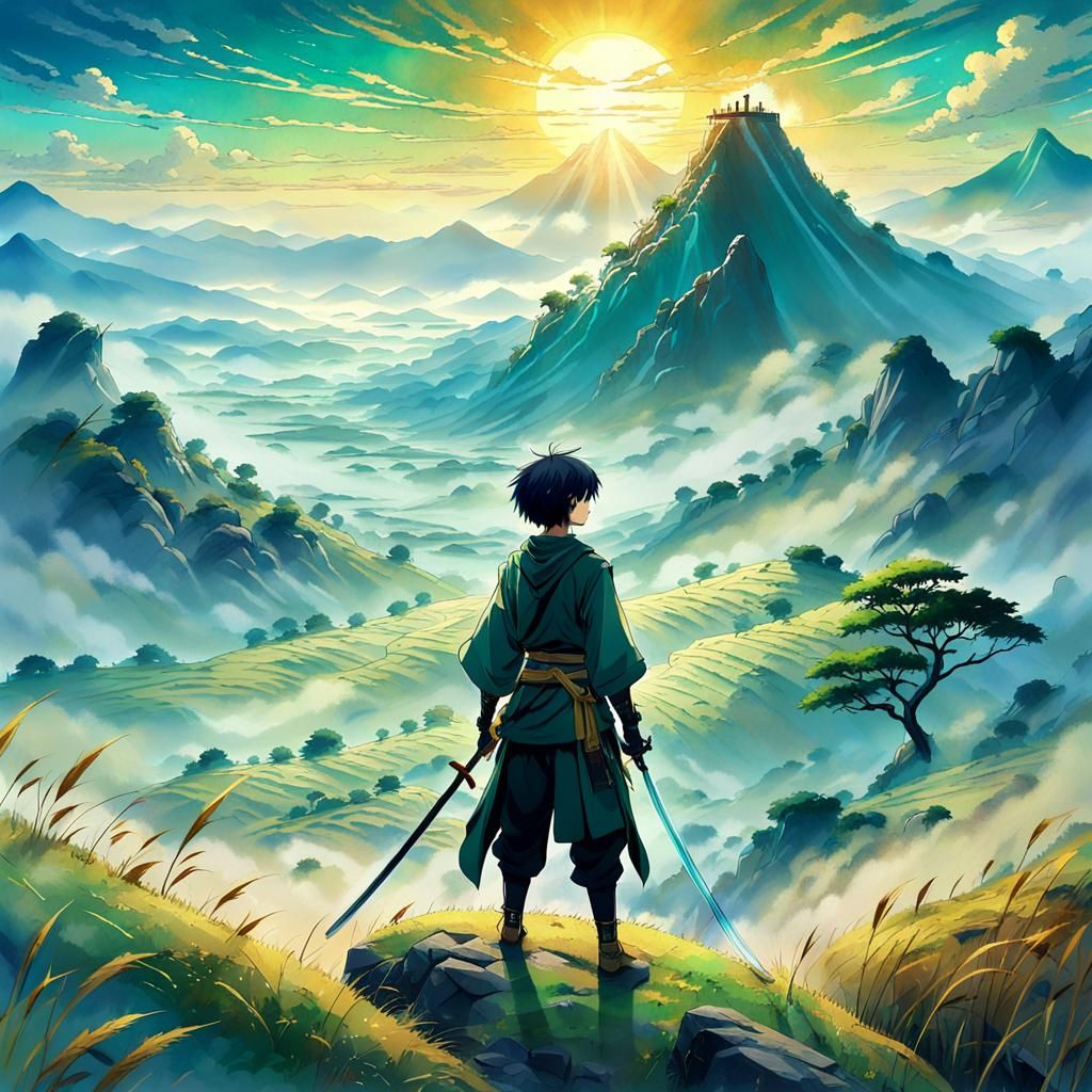 Anime Swordsman Overlooking Misty Valley