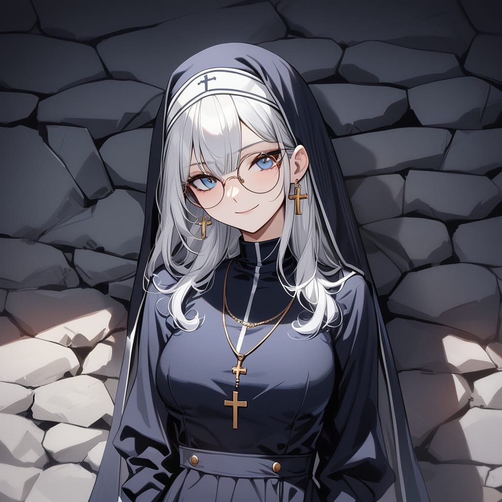 Aesthetic Nun with White Hair and Round Glasses
