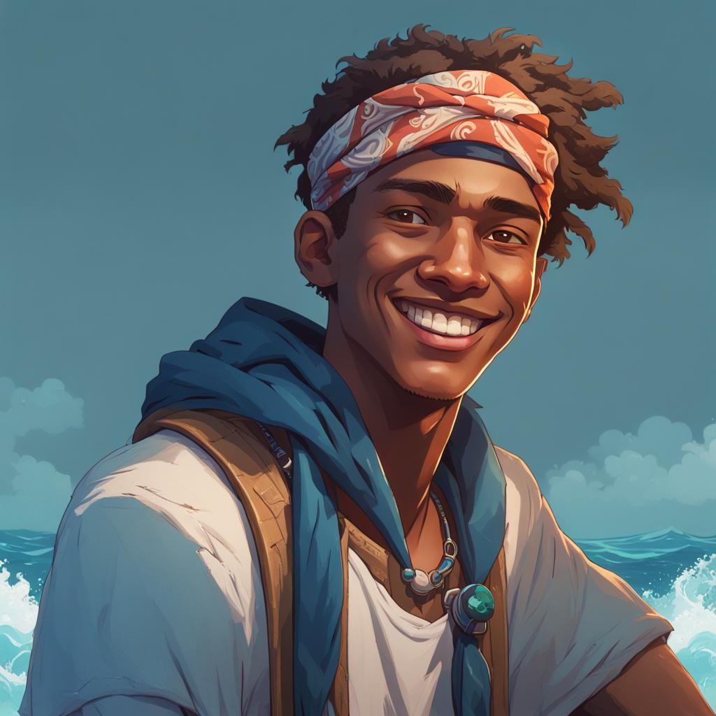 Boy with Bandana Grinning Before Vast Ocean