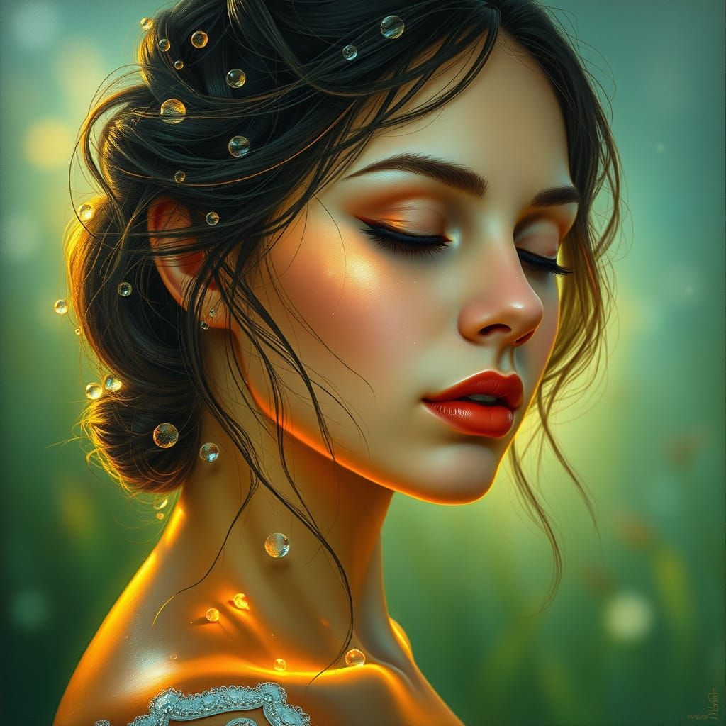 Surreal Morning Dew Illuminates a Serene Art Nouveau Portrai...