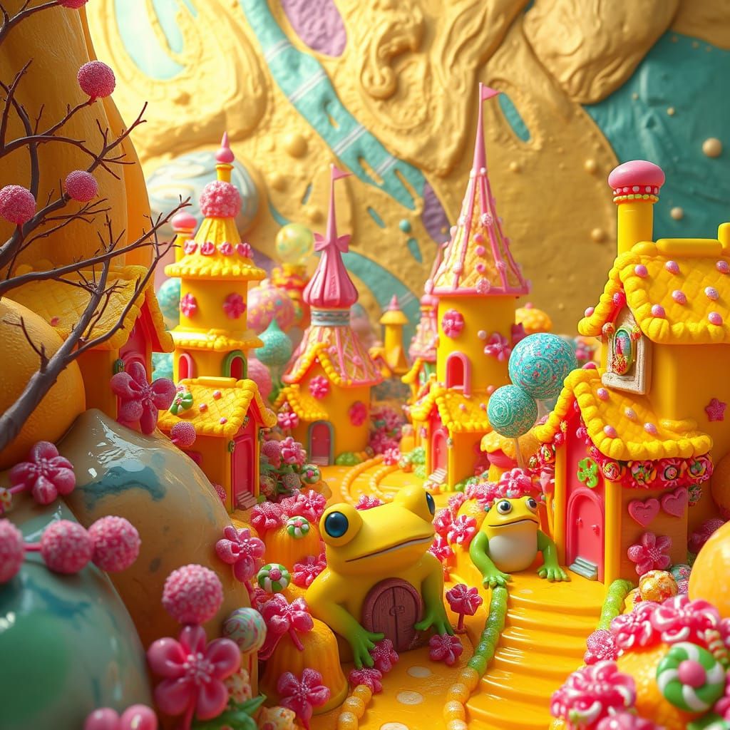 Whimsical Candy Village Teeming with Gummy Frogs in Vibrant ...