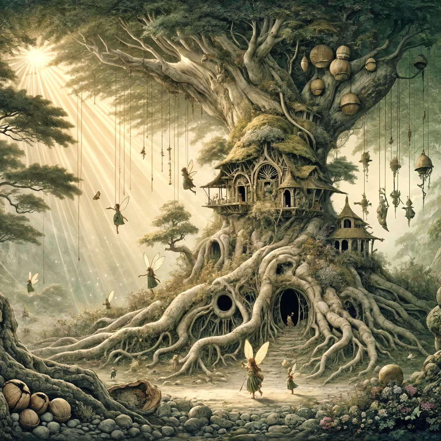 Whimsical Fairy Village in Bonsai Tree, Botanical Illustrati...