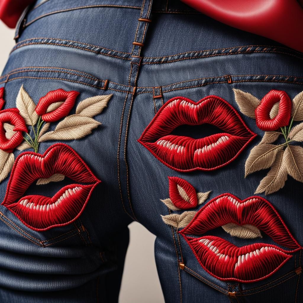 Red Lips Embroidered on Jeans Back Pockets