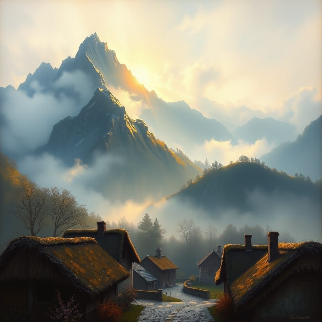 Serene Mountain Village at Dawn Oil Painting