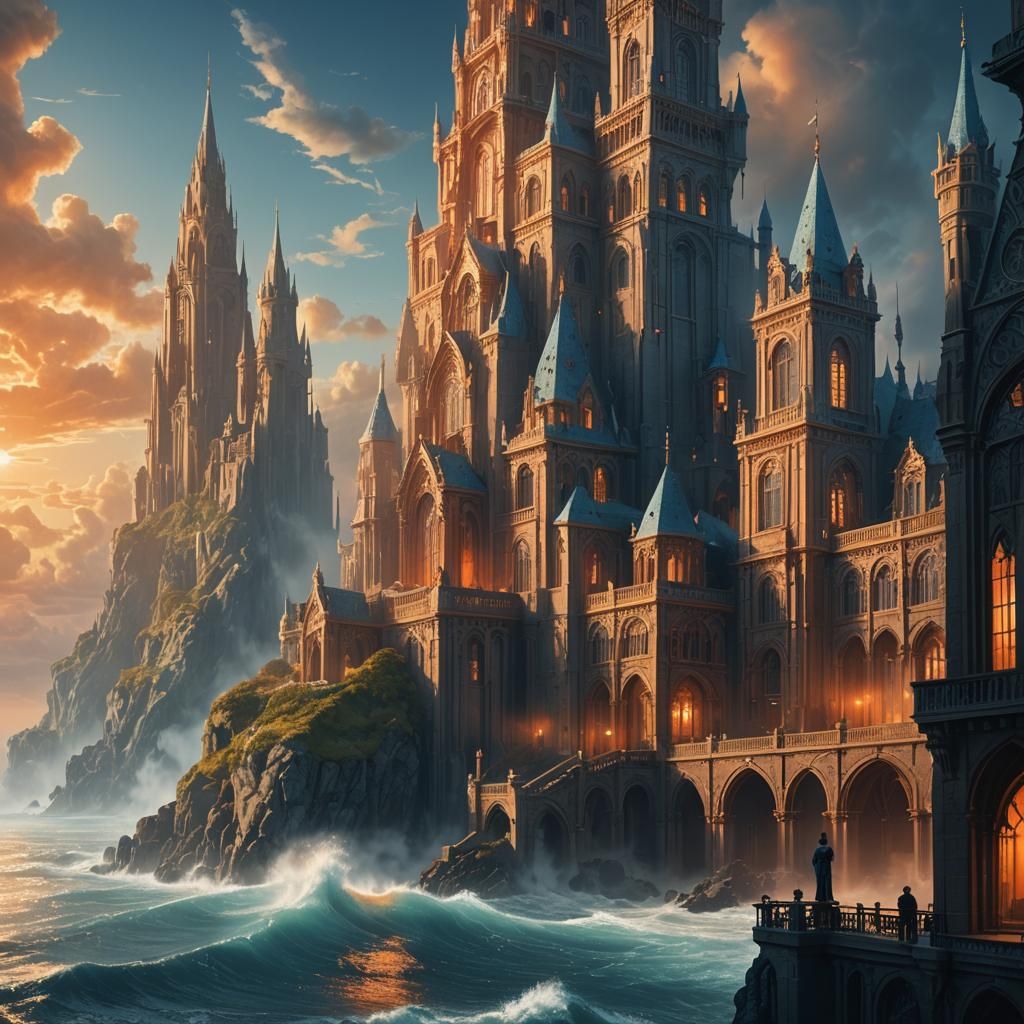 Seaside Tower View: Fantasy Art Nouveau Architecture