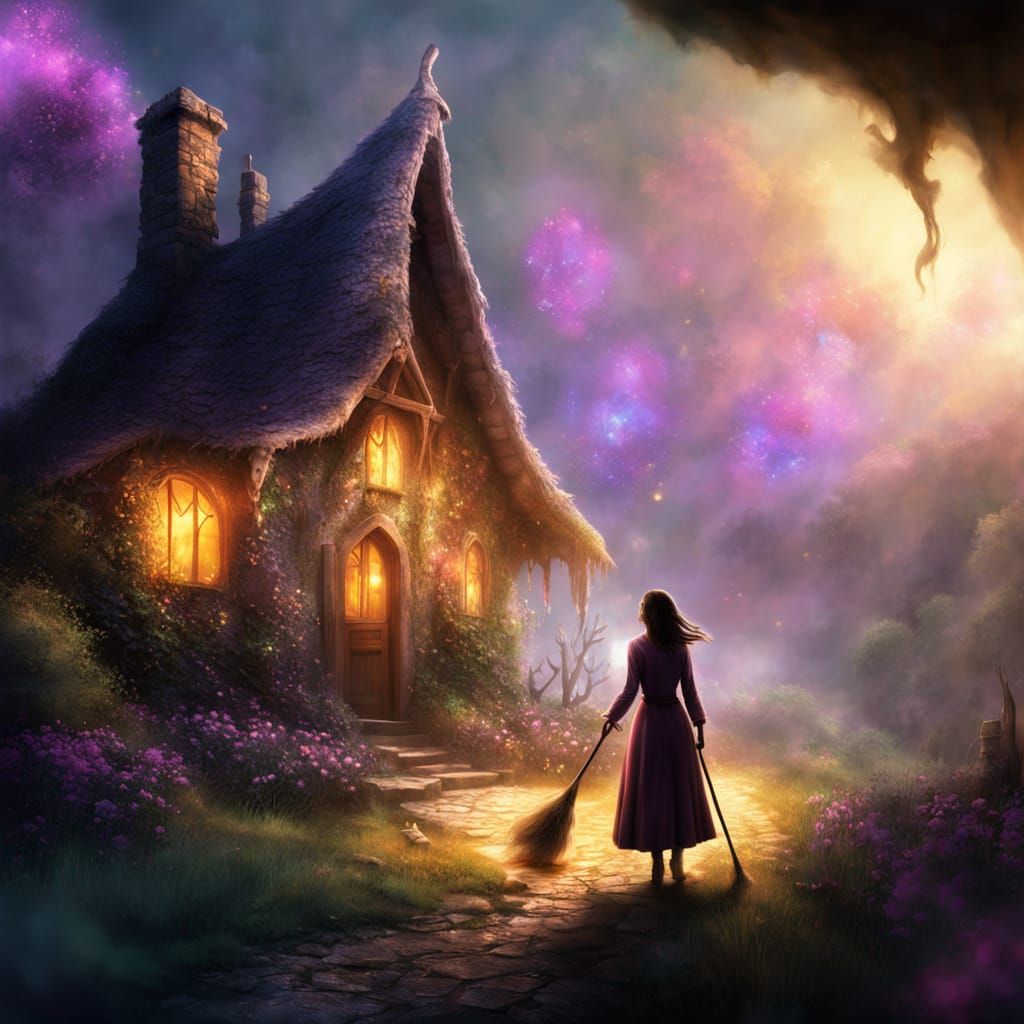 Magical Cottage with Animated Broom in Fantasy Art Style