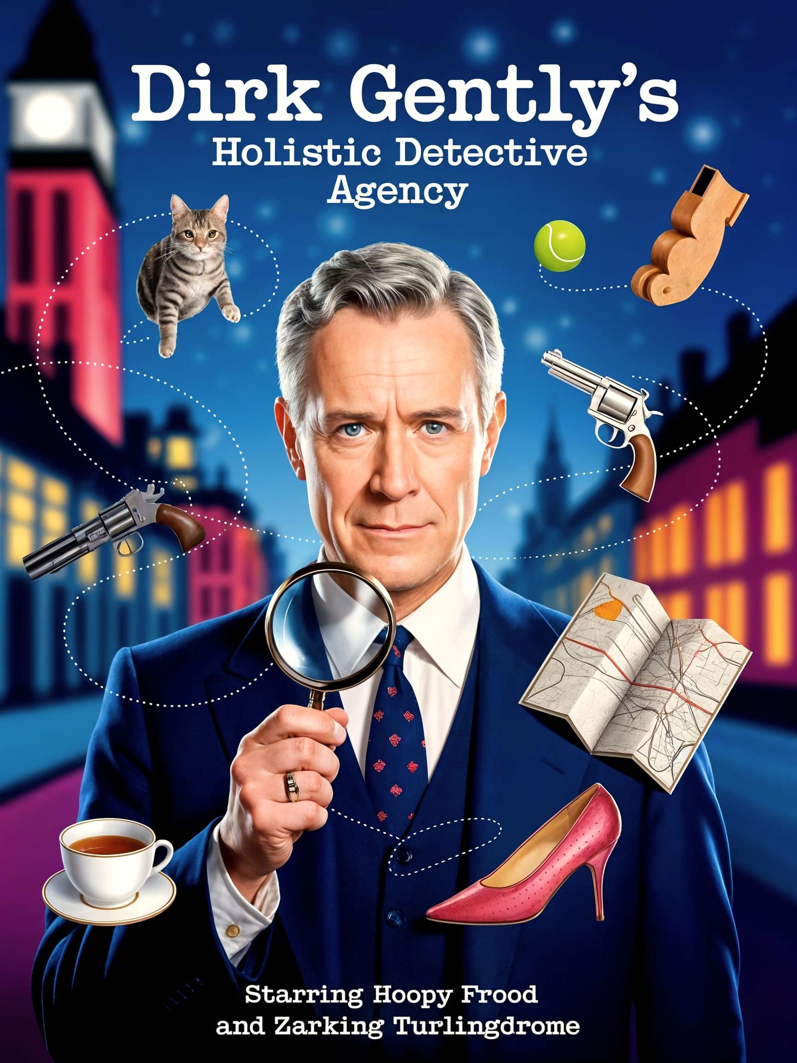 Douglas Adams Movie Poster with Floating Objects