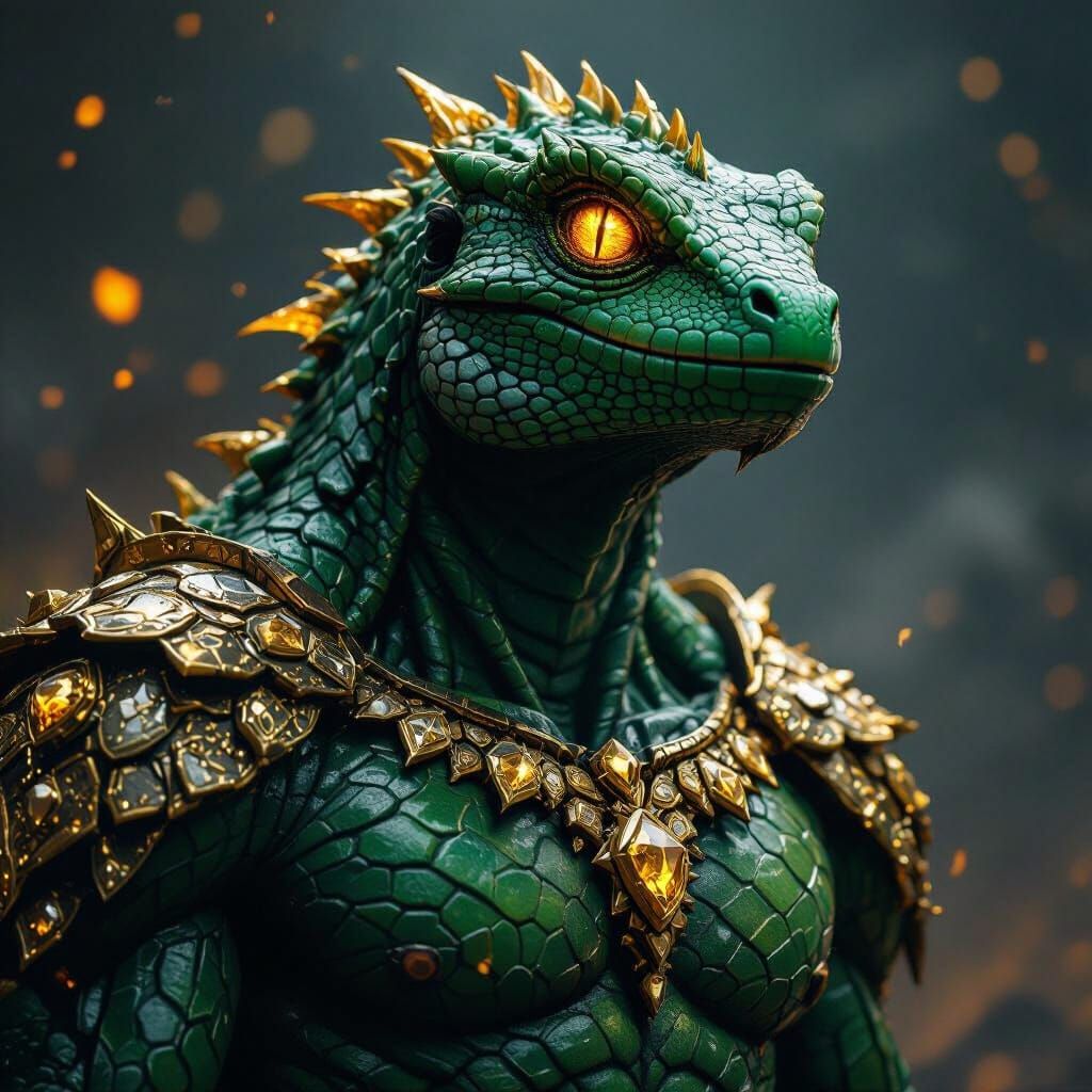 Green Reptilian Overlord in Mythic Digital Skies