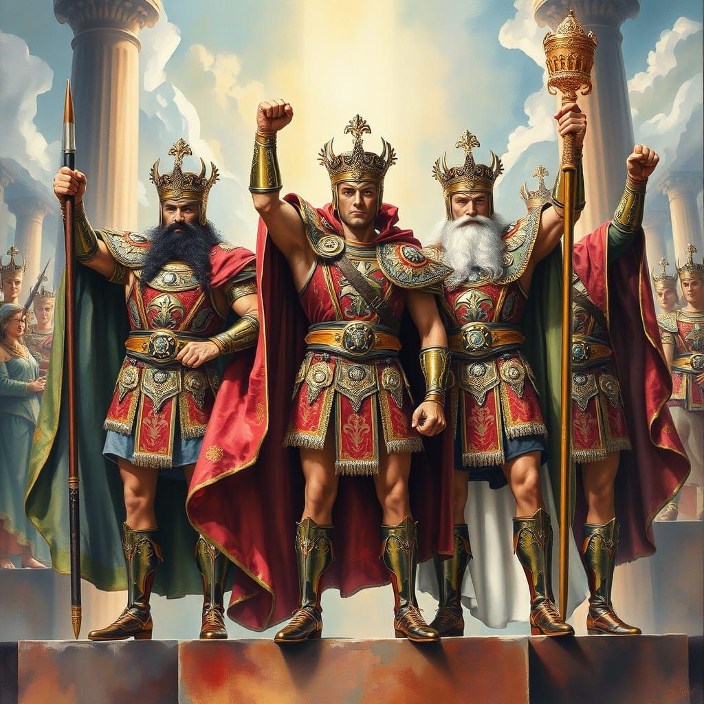 Victorious Champions in Ornate Attire: Gouache and Watercolo...