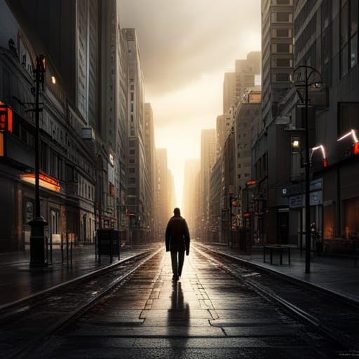Man Walks Alone in City Alley: Hyperrealistic Digital Art