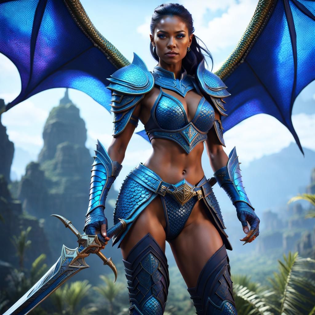 Iridescent Lizard Woman Warrior in Detailed Fantasy Art