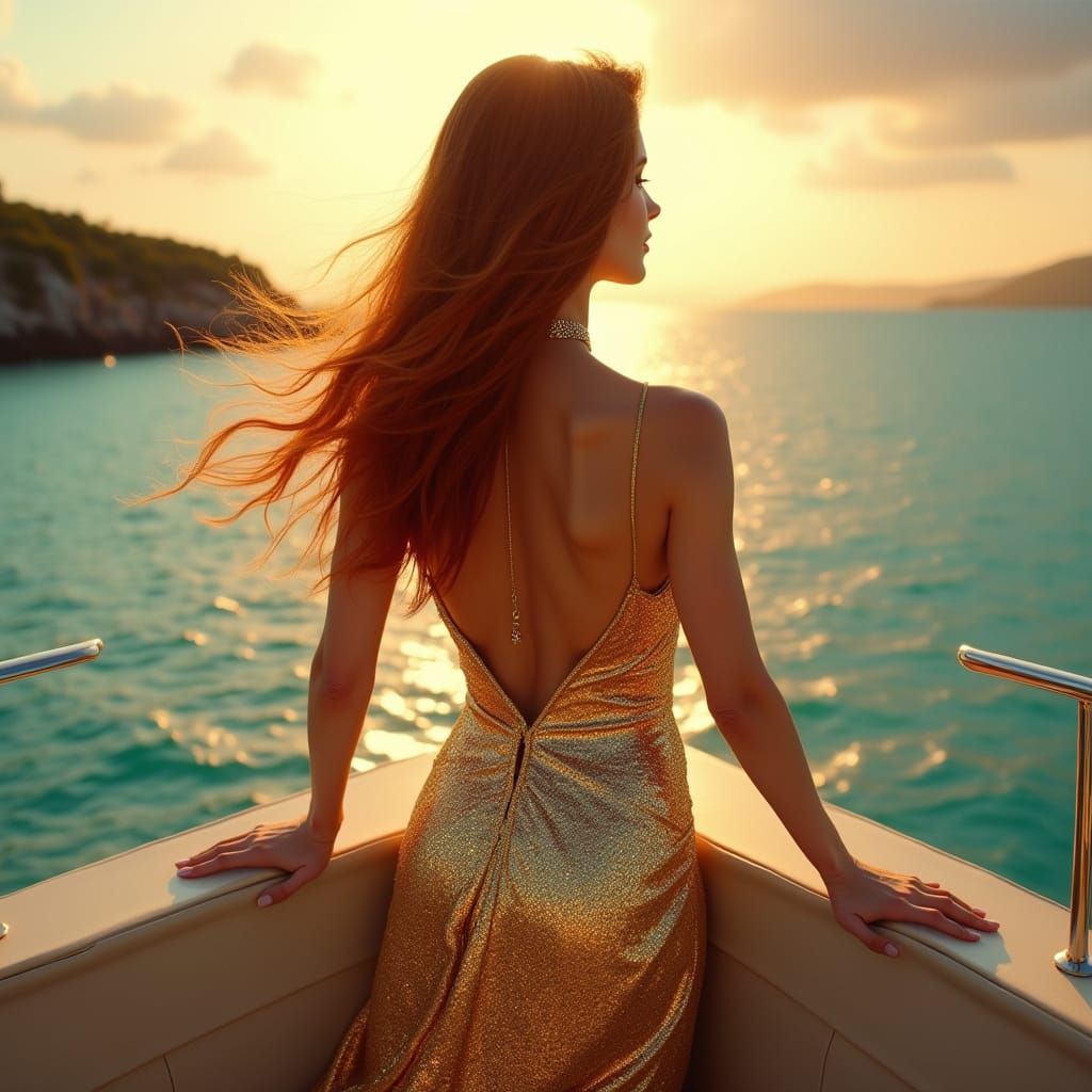 Golden Gown Yacht Sunset: Art Nouveau Photorealism