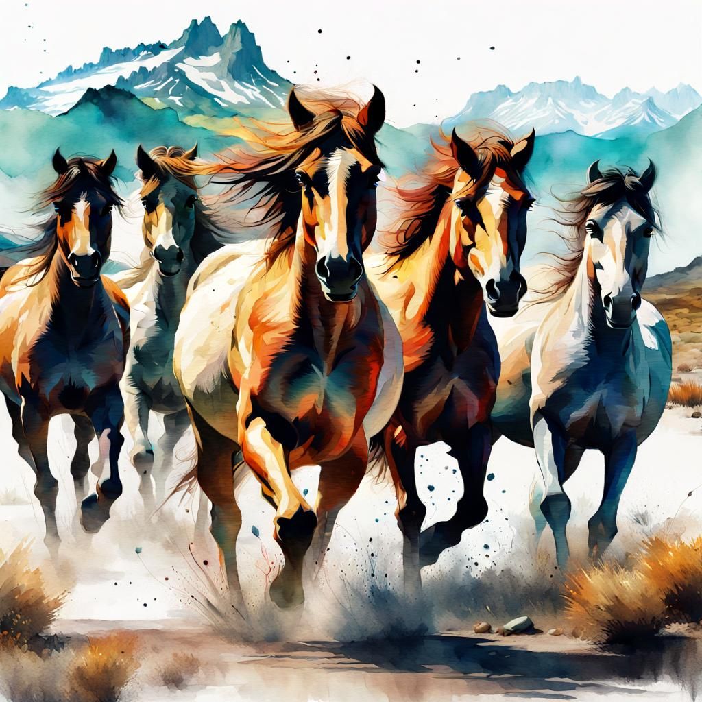 Wild Horses Run Free: Digital Watercolor Art