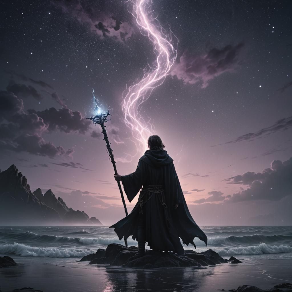 Mystic at Starry Ocean's Edge: Dark Fantasy Illustration