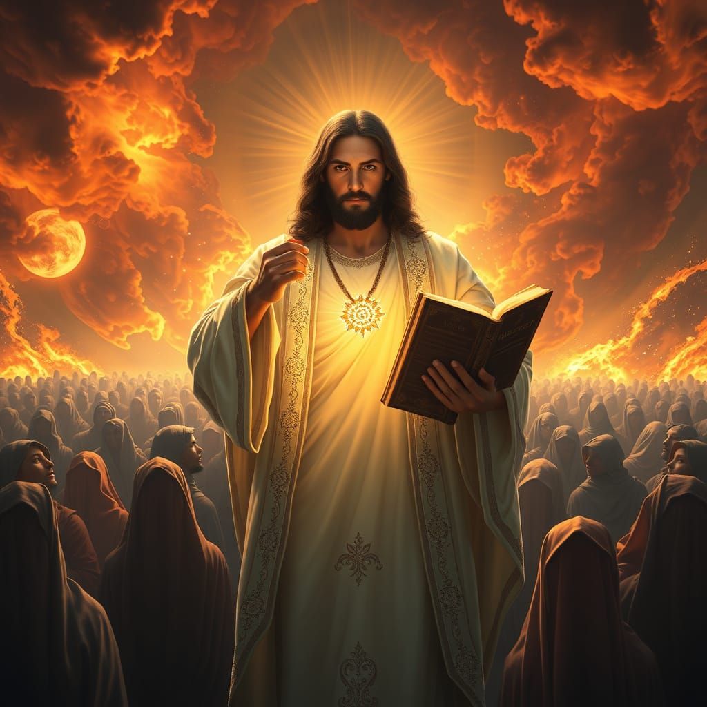 Divine Figure Surrounded by Holy Light and Devoted Followers...