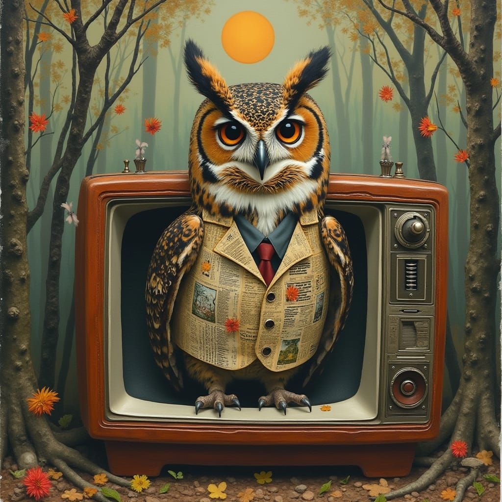 Steampunk Owl Emerges from Television in Dadaist Collage
