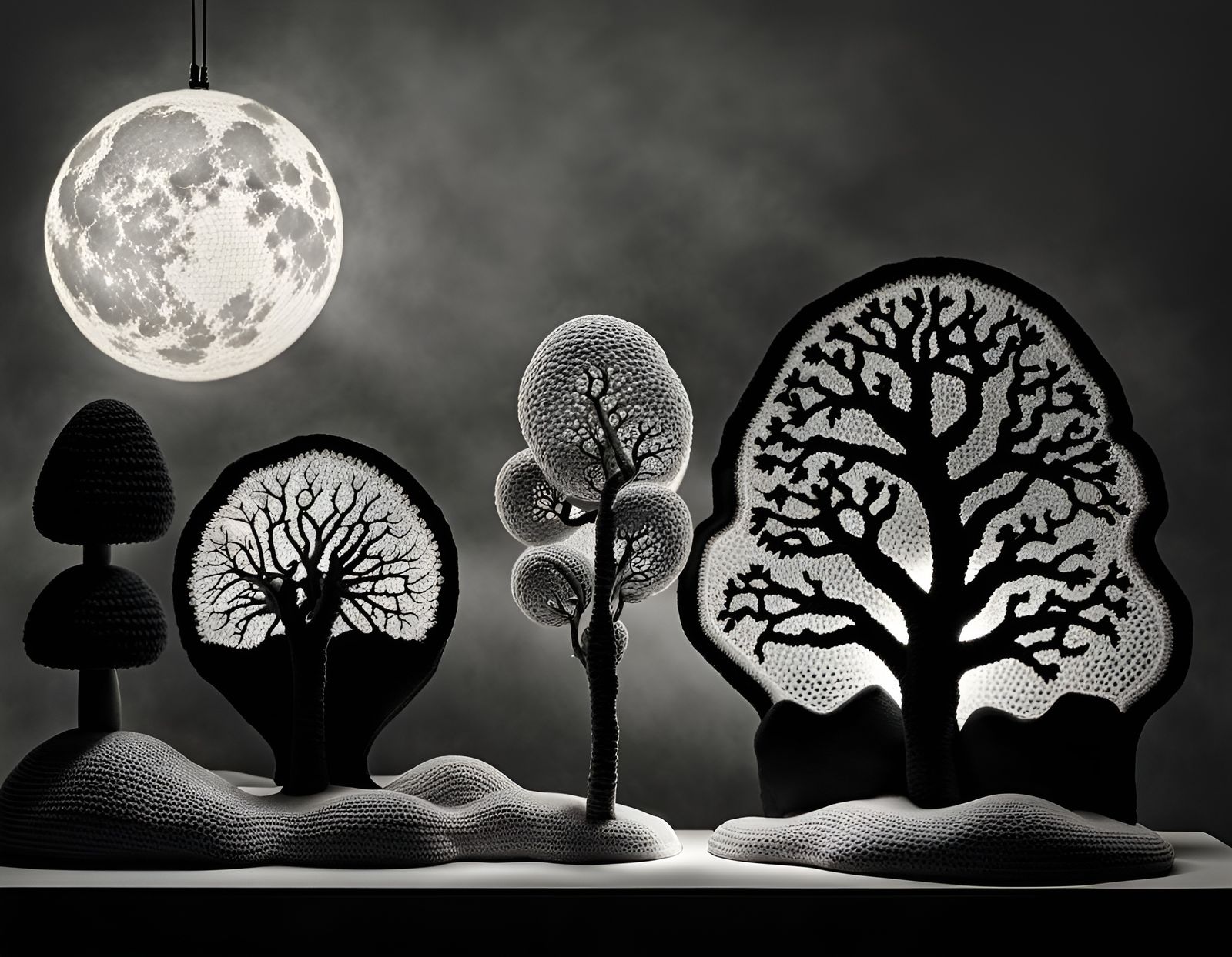 Detailed Greyscale Crochet Landscape with Calotype Effect