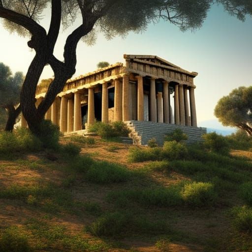 Mediterranean Greek Temple on Hilltop Digital Painting