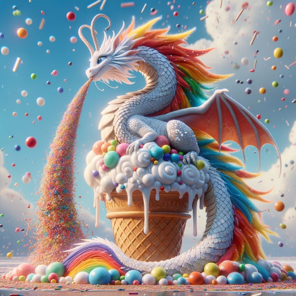 Whimsical Candy Dragon on Melting Ice Cream Cone