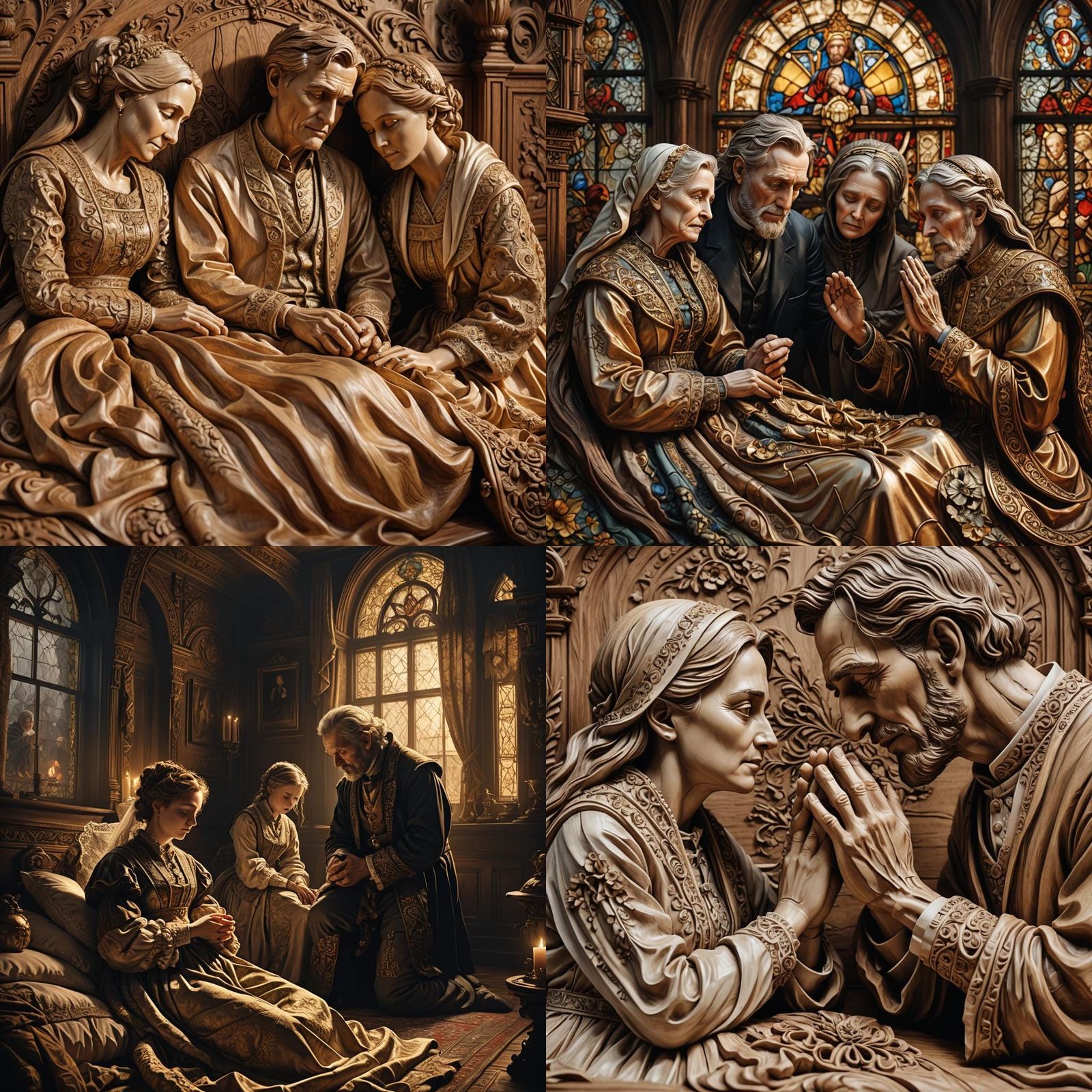 Victorian Couple Praying: Hyperrealistic Wood Carving