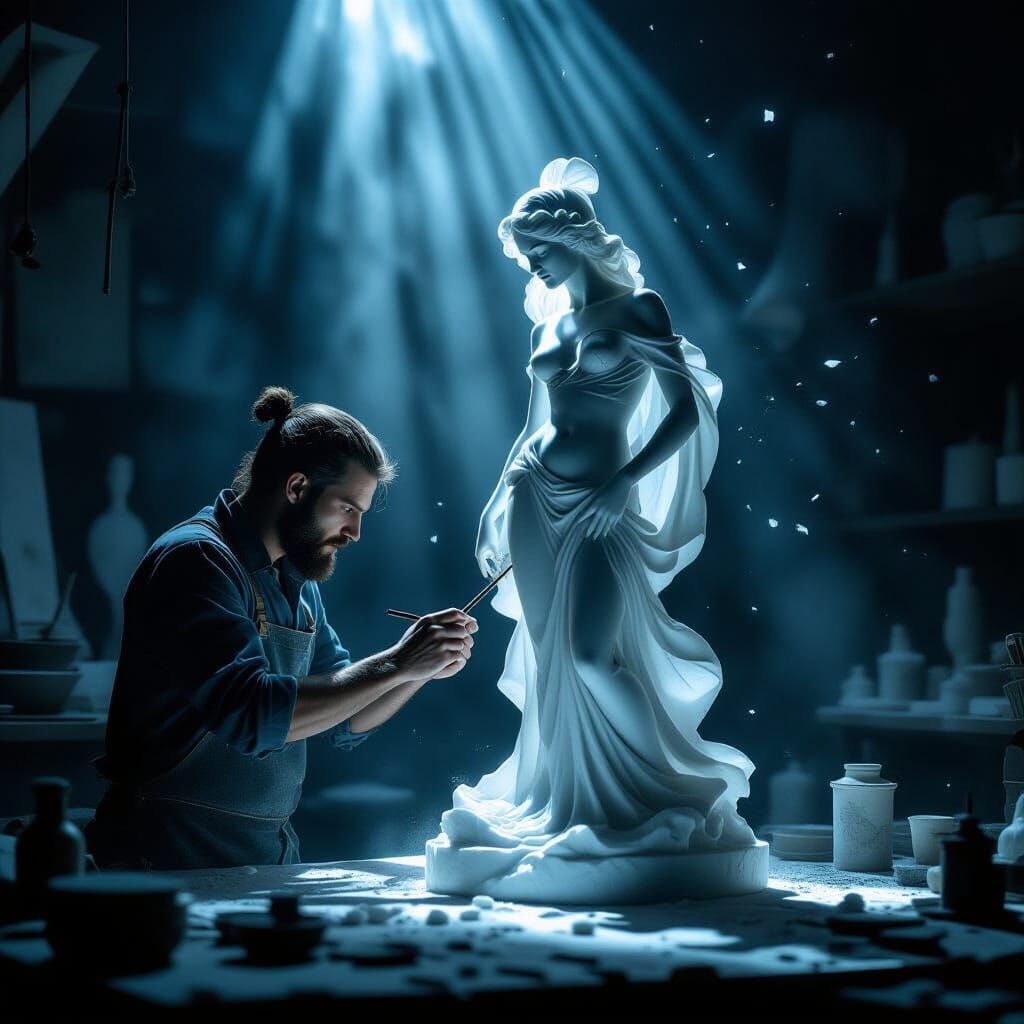 Sculptor Carves Luminous Statue in Gothic Studio
