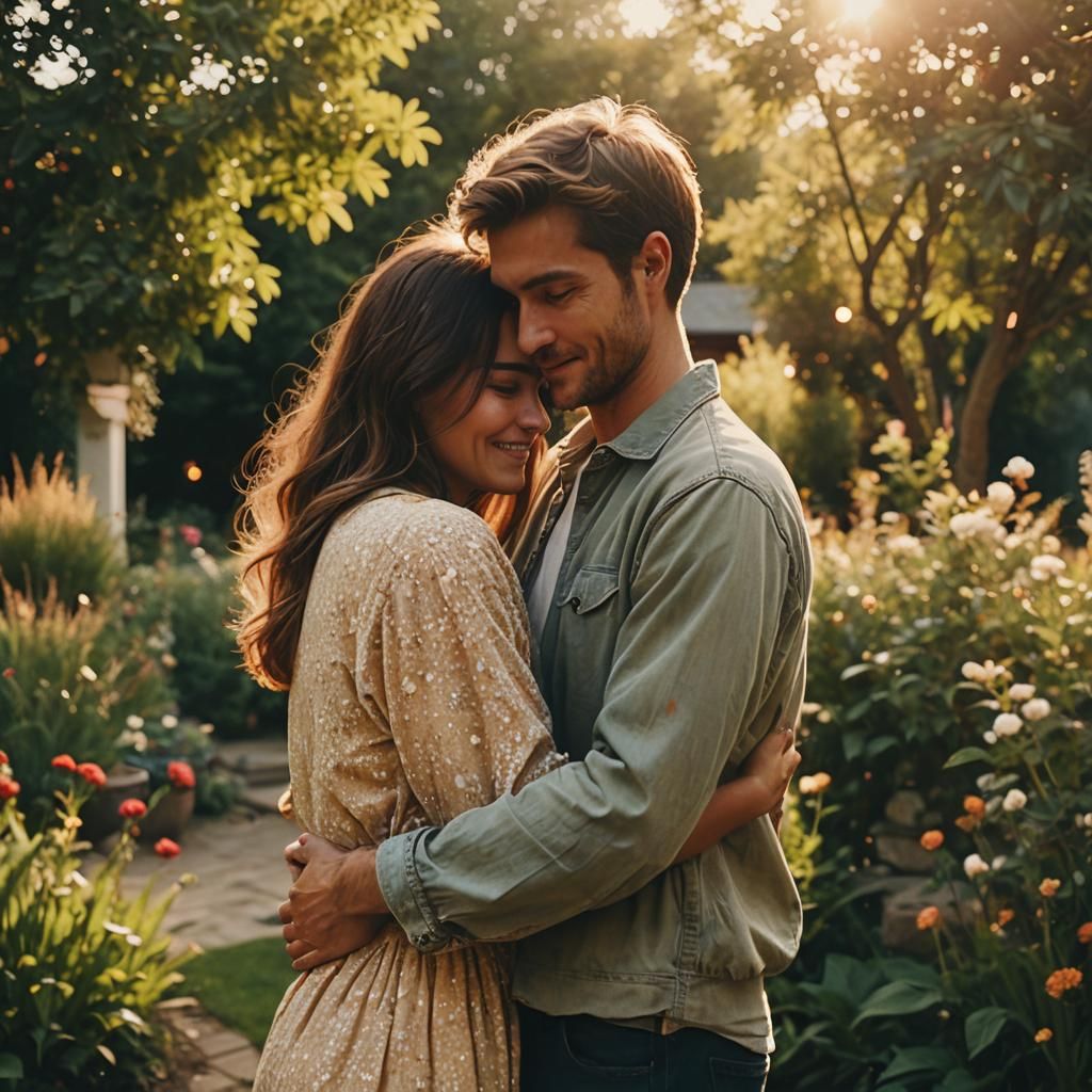 Romantic Couple Hug in Golden Garden Light