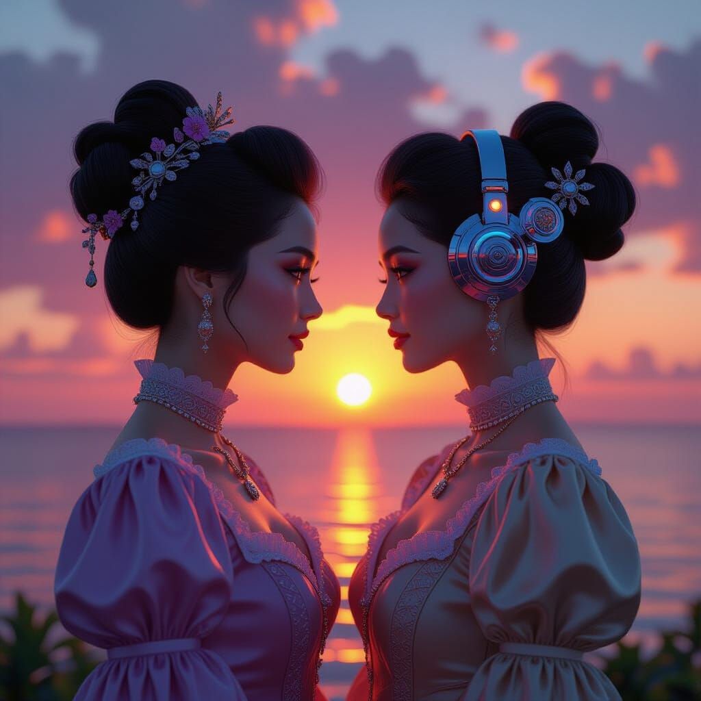 Woman in Historical Attire with Futuristic Reflection