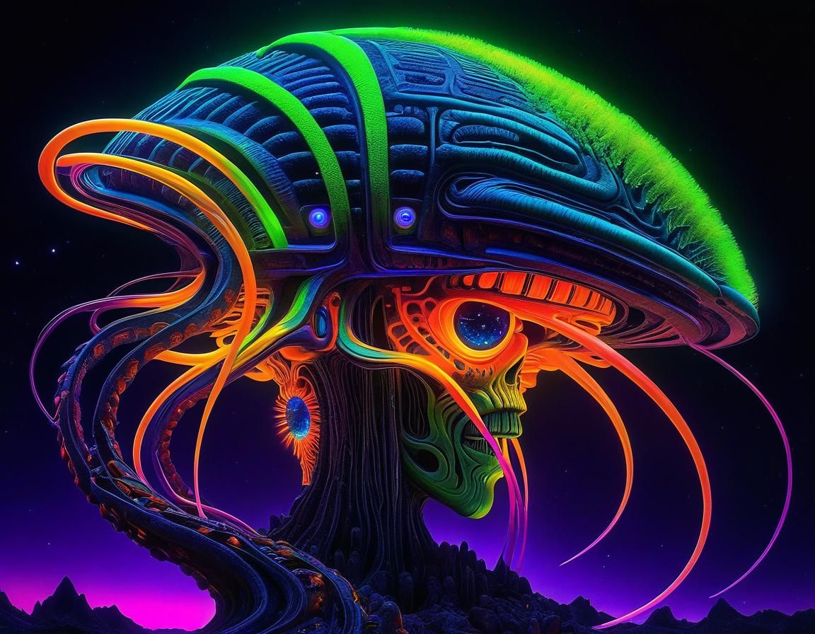 Bioluminescent Surreal Face in Cosmic Biomechanical Art