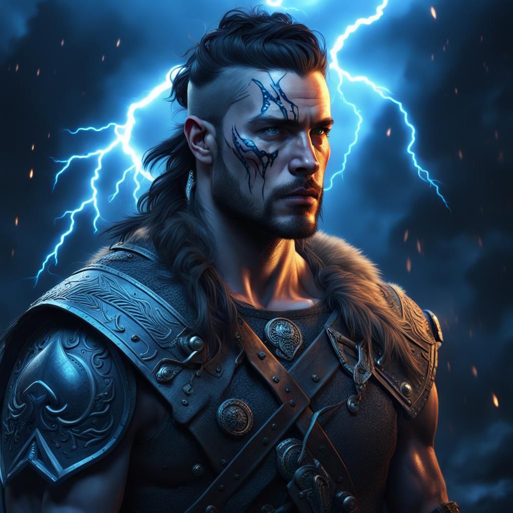 Viking Warrior Portrait with Lightning in Digital Art Style