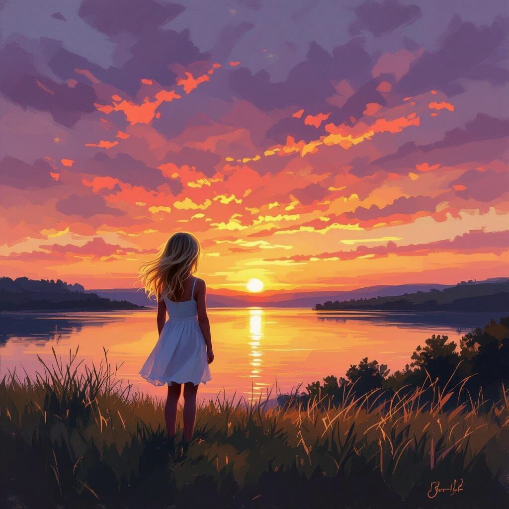 Impressionistic Sunset Over Lake: Girl in White Dress