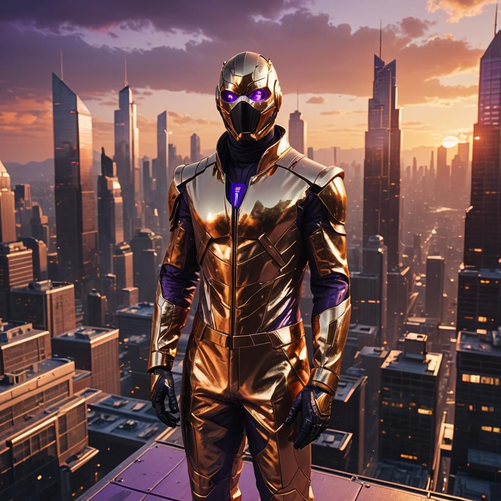 Masked Hero Overlooking Futuristic City at Sunset