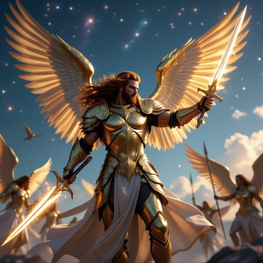 Majestic Archangel Leading Celestial Host Through Galaxy