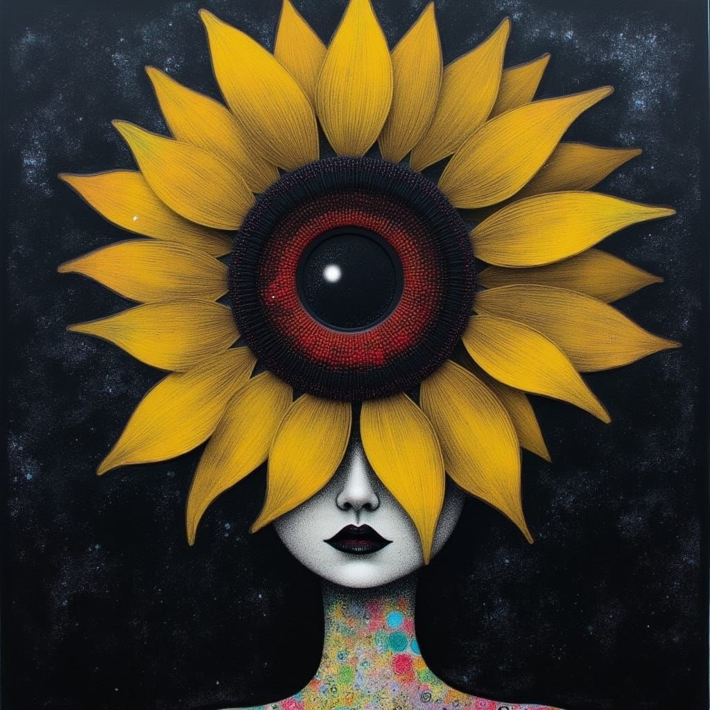 Melancholy Woman Merged With Faded Sunflower
