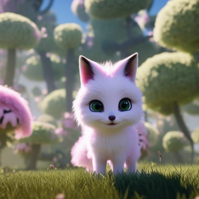 Adorable Fluffy Pink Monster in Flower Field