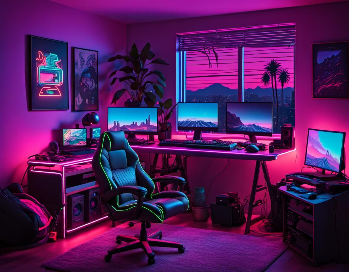 Gaming PC Setup in Neon Retro Style