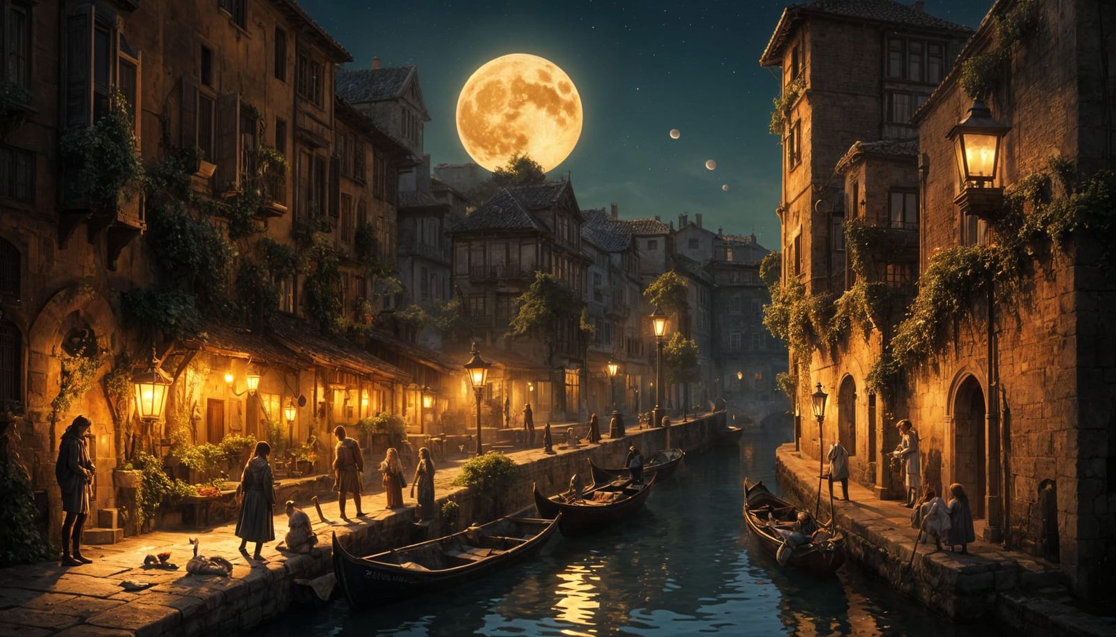 Magical Medieval Canal Square Under Golden Moon