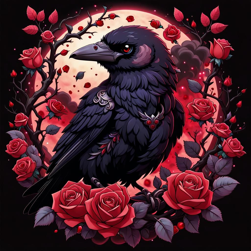 Chibi Raven with Roses in Anime Style