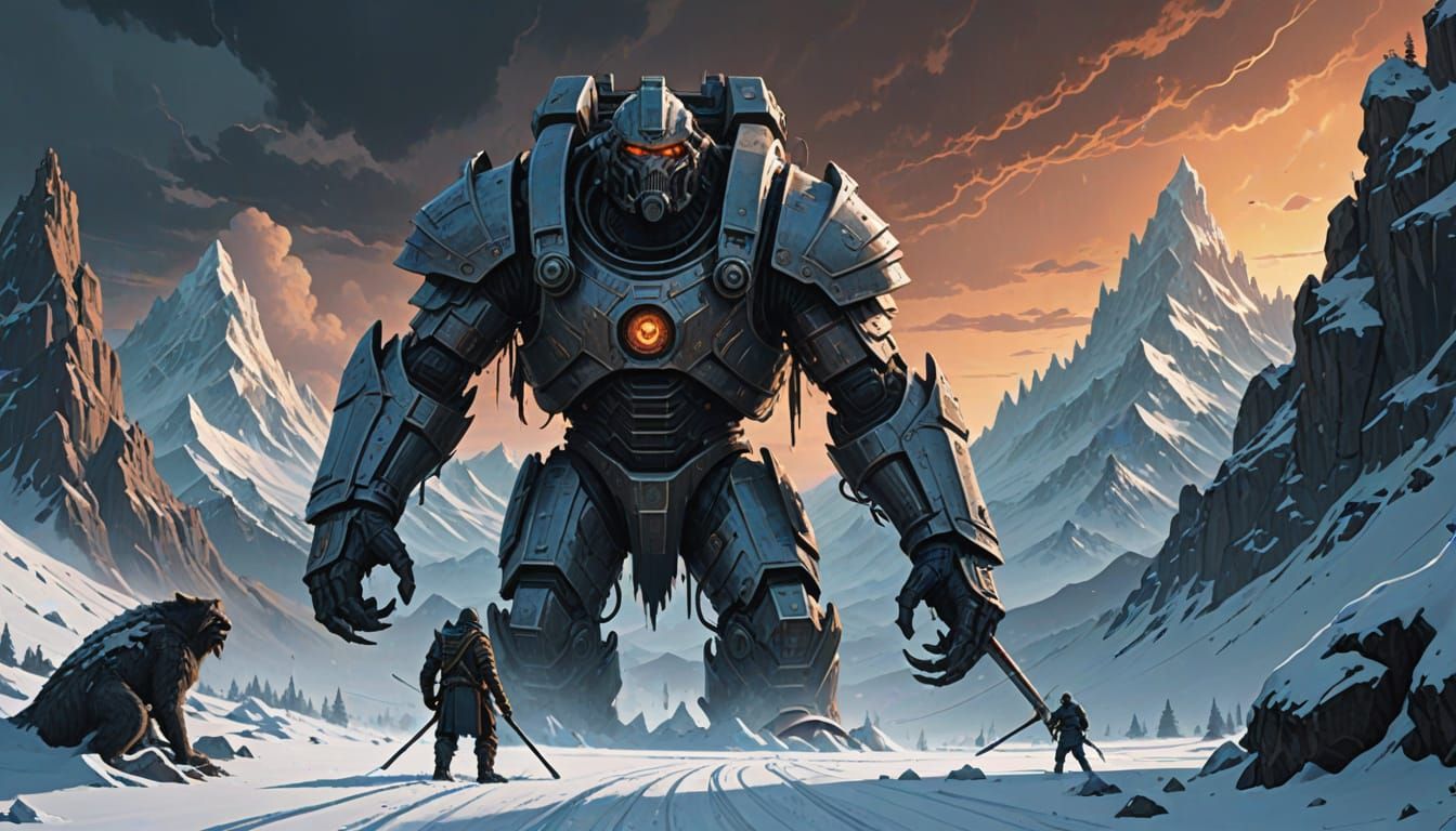 Dark Fantasy Knight Battles Yeti in Snowy Mountains