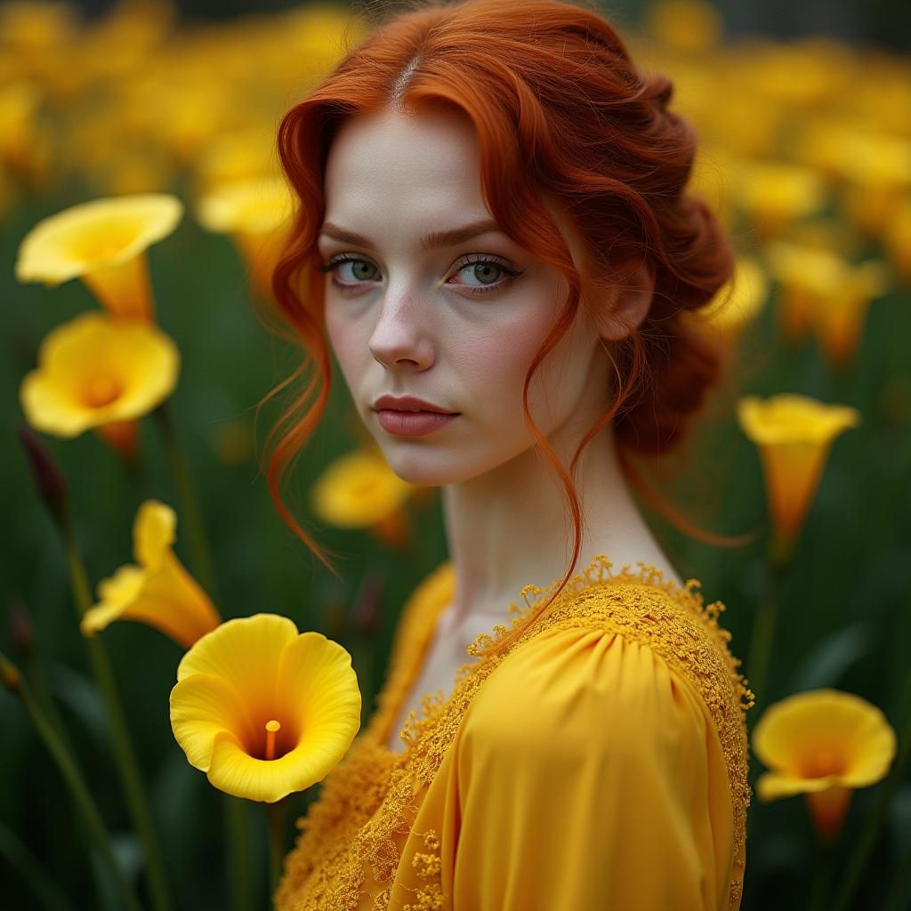 Red-Haired Woman with Lilies in Fairytale Style