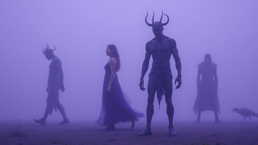 Purple Figure Walking in Enigmatic Landscape