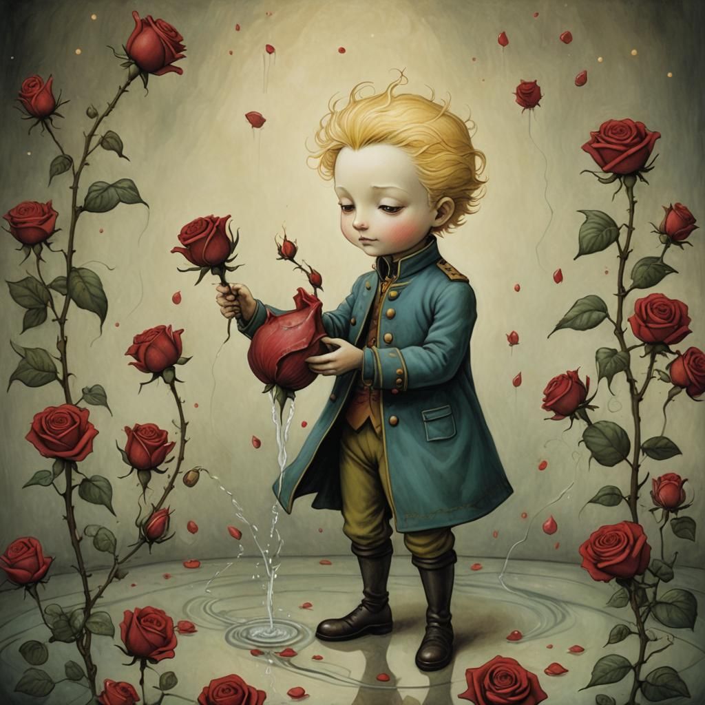 Petit Prince watering the rose, by Benjamin Lacombe