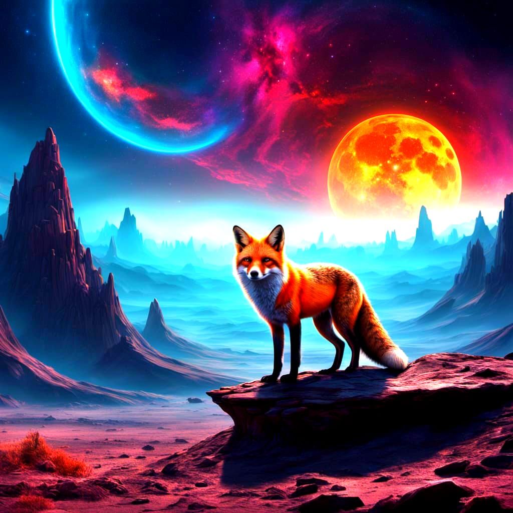 Cosmic Fox Under Lunar Eclipse on Alien World