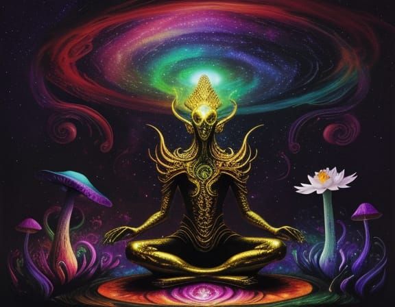 Alien Meditating on Mushroom in Cosmic Zen Style