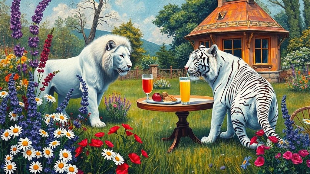 Victorian Garden with Lion and Tiger in Van Gogh Style