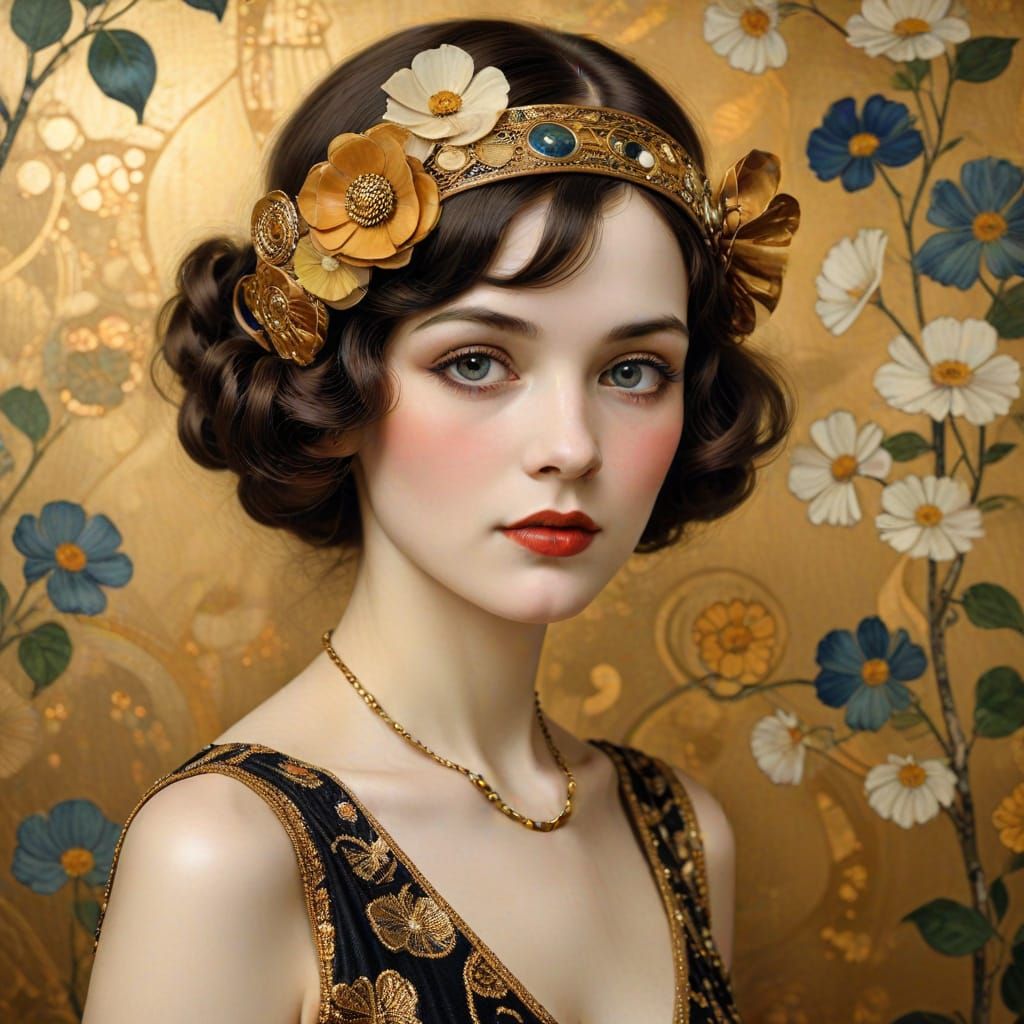 Elegant 1920s Lady in Gustav Klimt Style