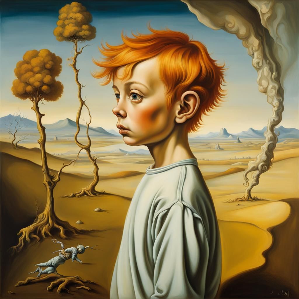 Surreal Ginger Fairy Boy Hides: Dali-esque Oil Painting